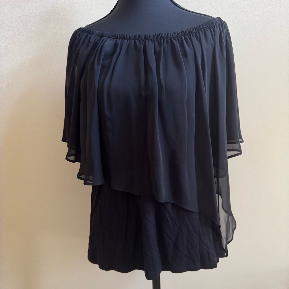 JM Collection Black Ruffled Tunic with Short Sleeves